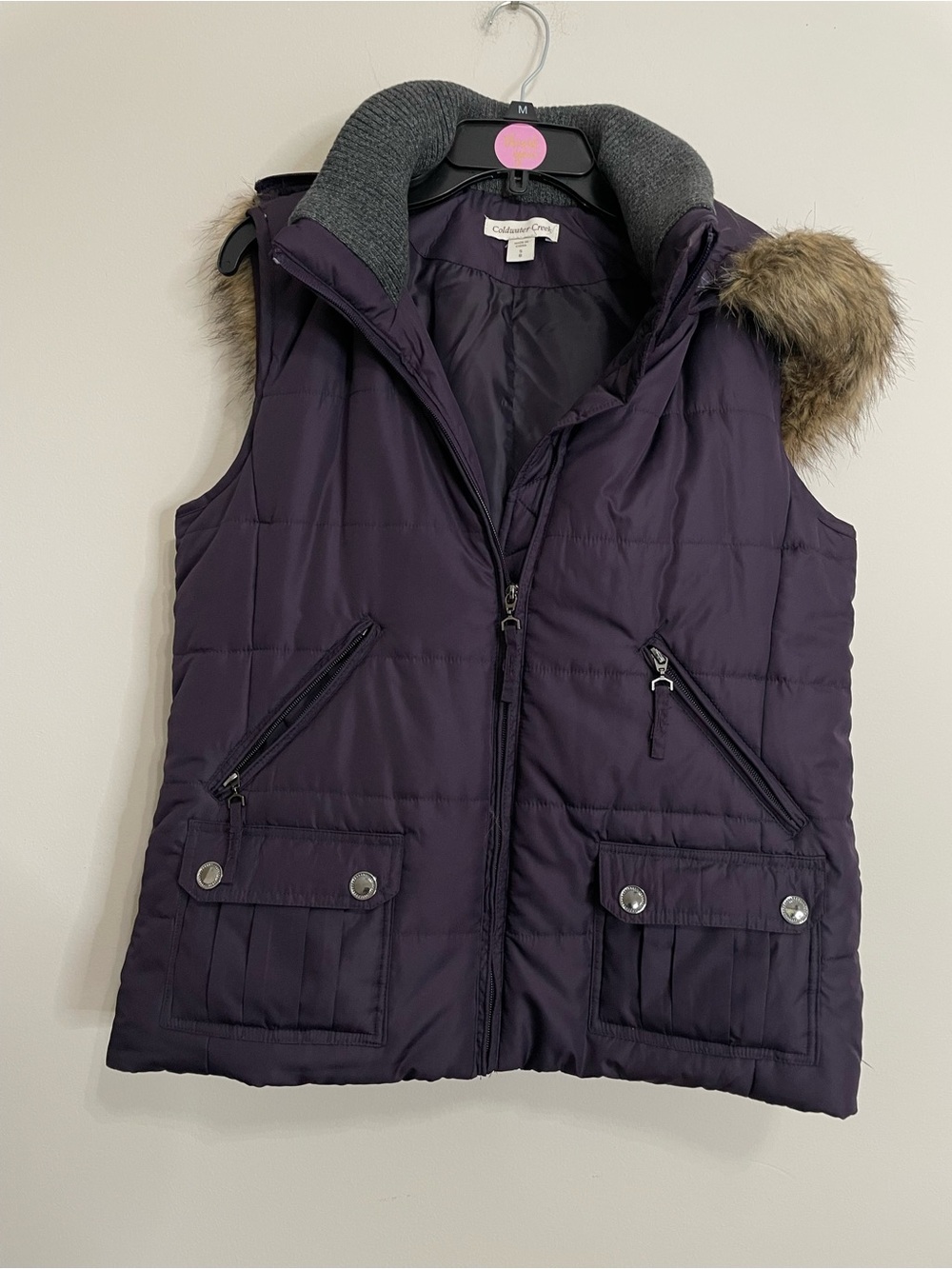 Coldwater Creek Deep Purple Quilted Faux-Fur Removable Hood Vest Size S 8